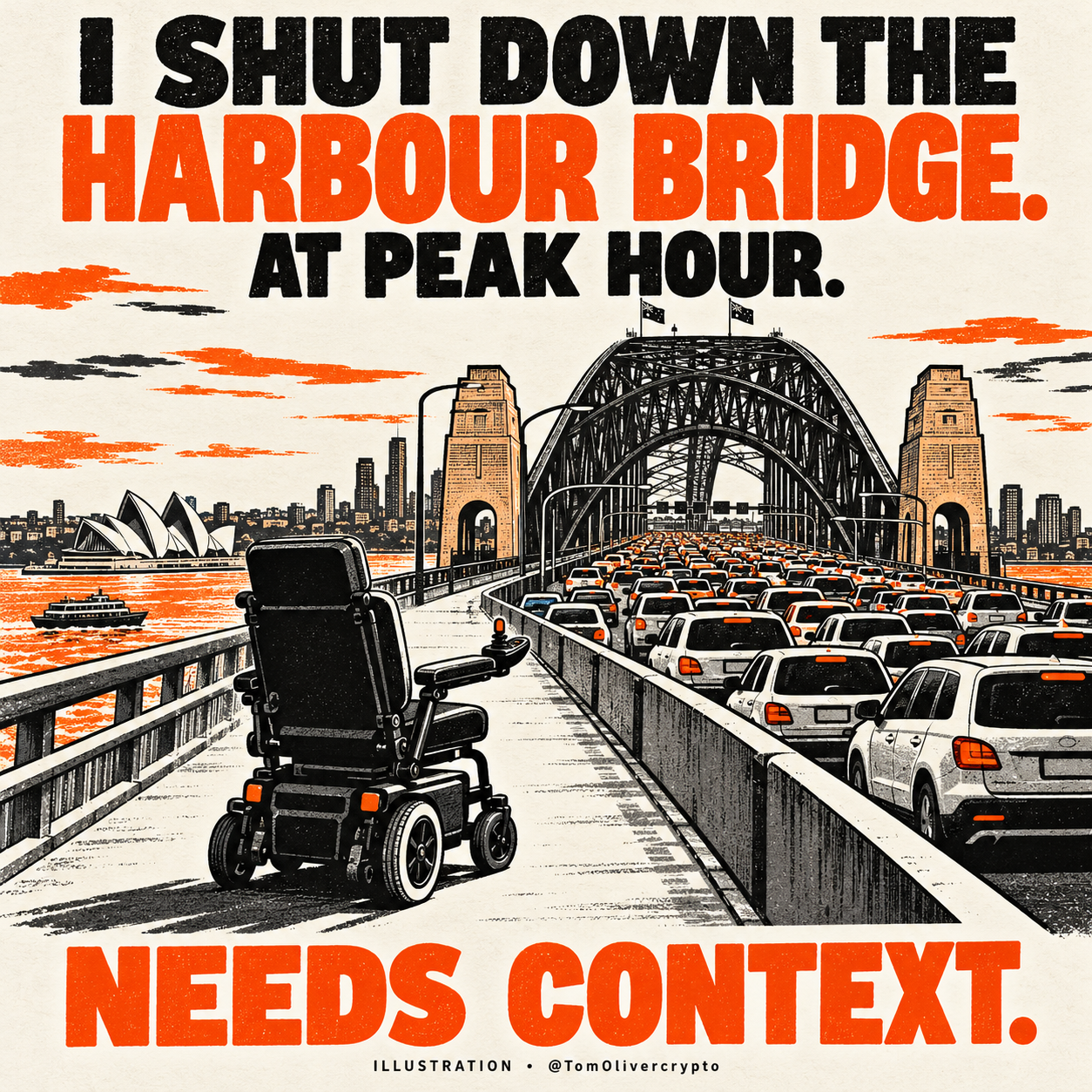 Illustrated Harbour Bridge meme, not a reconstruction of the incident.